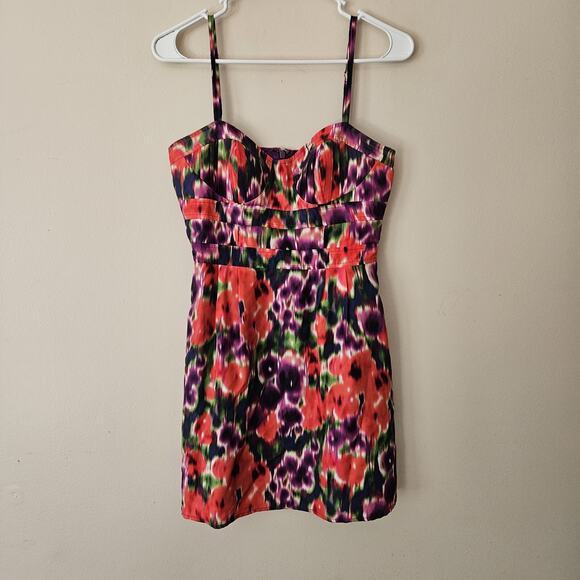 Bebe XS Floral Spaghetti Strap Mini Dress Short Colorful Zip Womens Silk - Picture 1 of 7